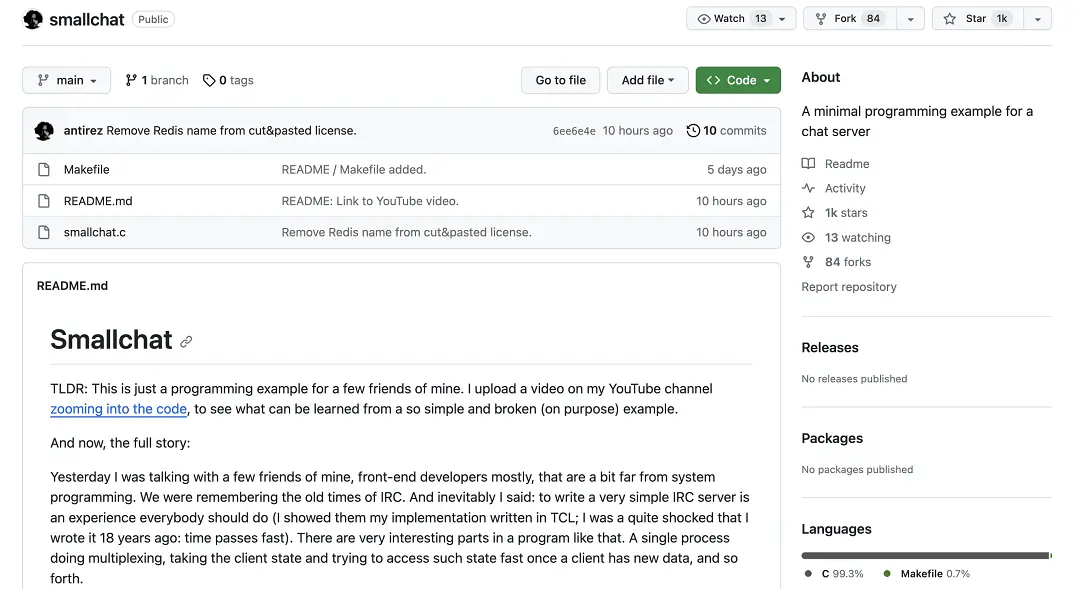 Redis创始人用C语言编写最小聊天服务器，核心代码仅300行